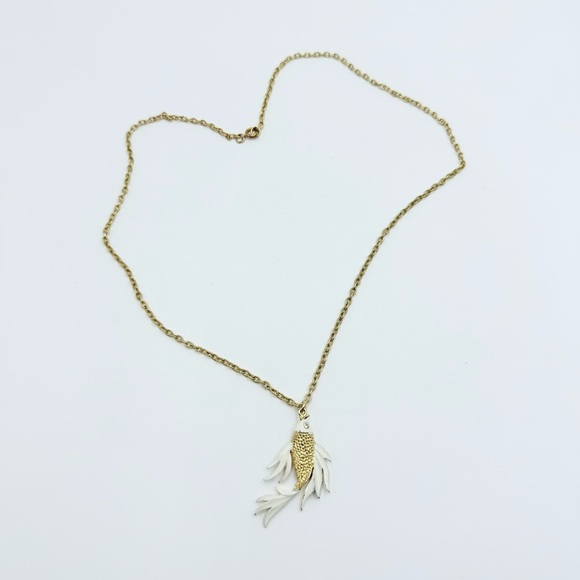 Elegant Gold Tone Enamel Fish Pendant Long Necklace With Rhinestone Eyes - Picture 4 of 8